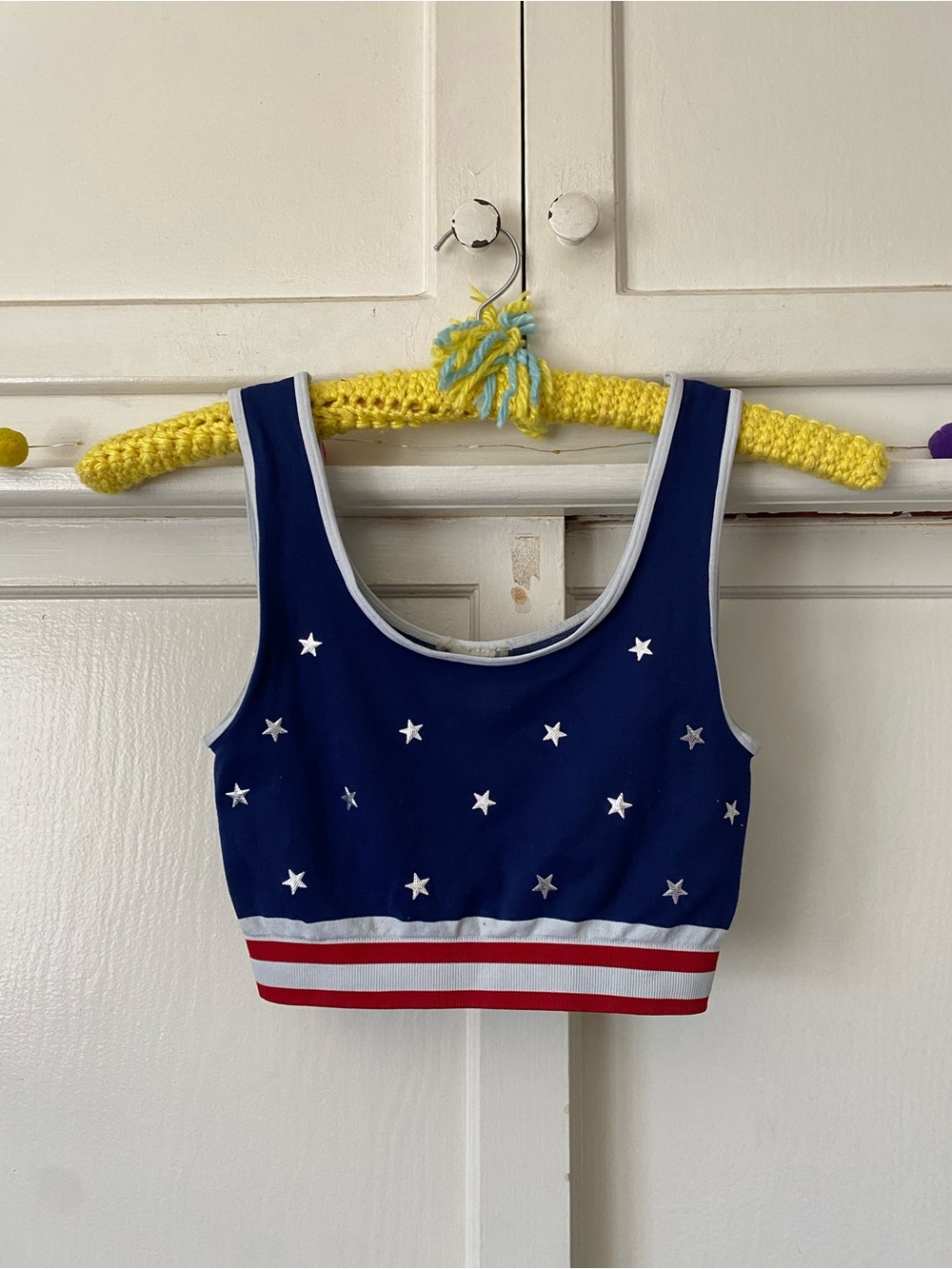 Navy Star Print Crop Tank with Red Stripe Hem